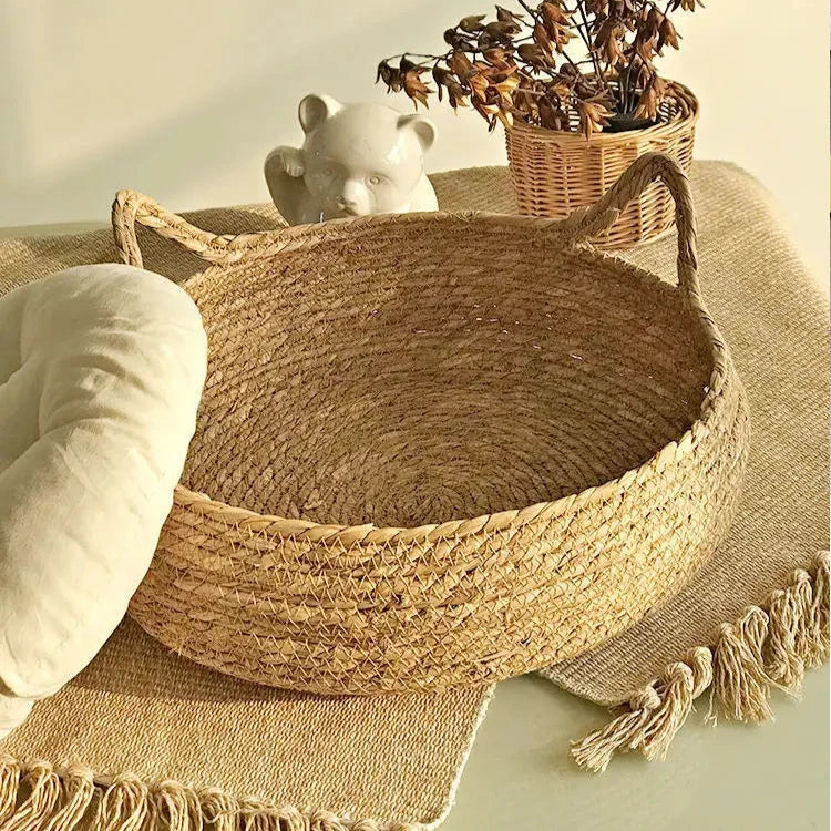 Rattan Cat Basket Bed โ Cozy Round Pet Bed with Soft Cushion