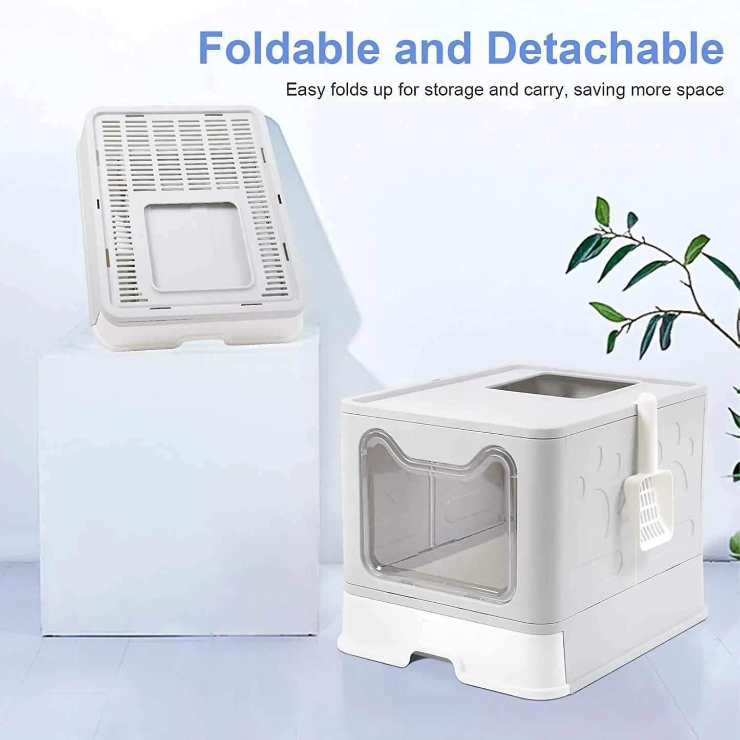 Foldable Hooded Cat Litter Box with Scoop, Drawer, and Top Entry/Front Exit Design - Extra Large