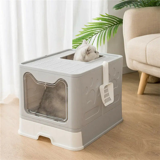 Foldable Hooded Cat Litter Box with Scoop, Drawer, and Top Entry/Front Exit Design - Extra Large