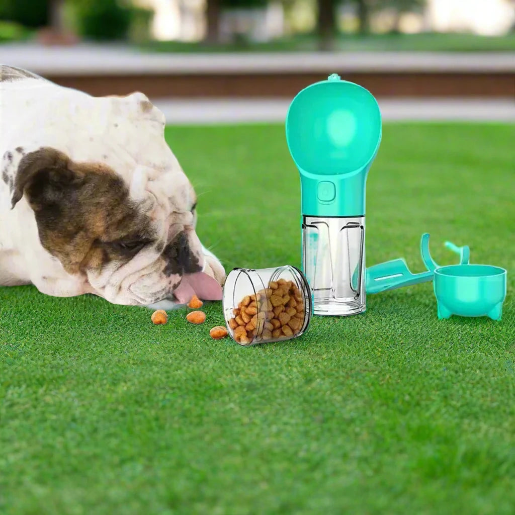 3-in-1 Portable Pet Water Bottle, Food Feeder & Poop Bag Dispenser