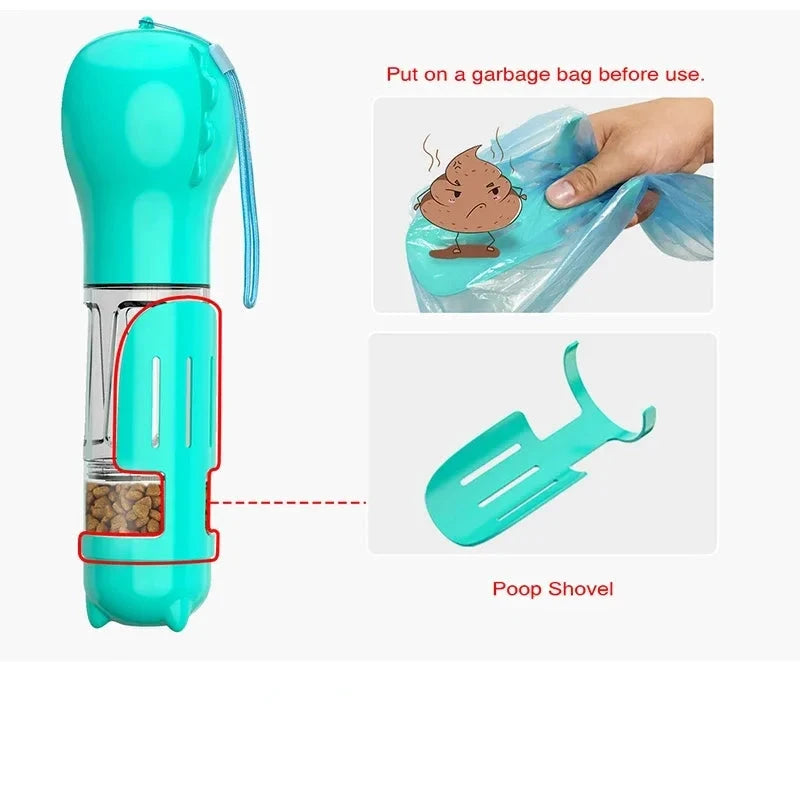 3-in-1 Portable Pet Water Bottle, Food Feeder & Poop Bag Dispenser